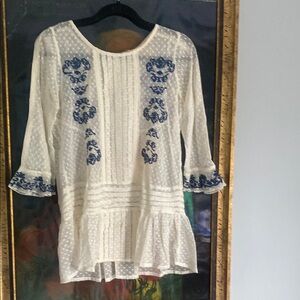 Free People Cream and Blue Embellished 3/4 Sleeve Blouse NWOT